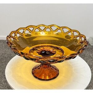 Vtg Imperial Glass Laced‎ Edge Footed Fruit Bowl Pedestal Compote Amber